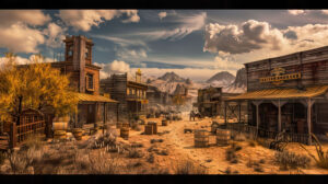 An image of a classic Western town setting complete with saloons hitching posts and tumbleweeds rolling along dusty streets can be seen in OldWestTown.jpg