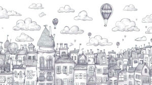 An imaginative cityscape doodle featuring unique buildings meandering streets and floating balloons set against a backdrop of fluffy clouds