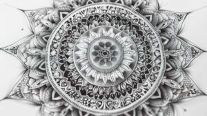 An intricate mandala doodle, with geometric patterns and ornate details forming a mesmerizing design that draws the viewer in