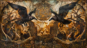 An intricate portrayal of Norse deities featuring Odins ravens Huginn and Muninn soaring above