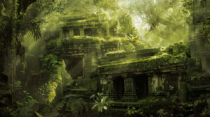 An intriguing wallpaper captures the essence of ancient ruins nestled in the depths of the jungle featuring moss covered stone temples peeking through the canopy