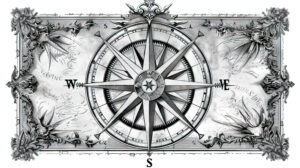 An ornate compass rose, with intricate designs and symbols inspired by the legendary maps said to be crafted by Atlas himself