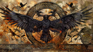 An ornate depiction of Norse gods and goddesses, with Odin's ravens Huginn and Muninn soaring overhead