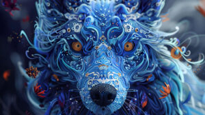 An ornate portrait of a blue dog adorned with jewels and intricate designs, symbolizing its noble lineage and royal heritage