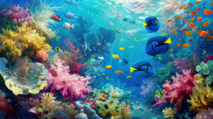 An underwater mural portraying a tranquil setting featuring a lively blue fish school weaving through vibrant coral reefs and swaying sea plants