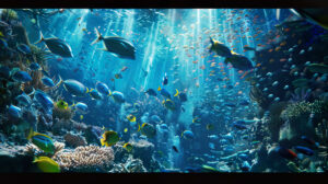 An underwater panorama with a variety of blue fish species, from sleek barracudas to graceful angelfish, showcasing the rich diversity of ocean life