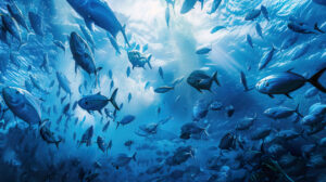 An underwater wallpaper featuring a diverse array of blue fish species from sleek barracudas to graceful angelfish showcasing the rich ocean life diversity