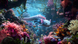 Captivating wallpaper showcasing a graceful blue axolotl swimming among vibrant coral reefs and aquatic plants in an enchanting underwater setting