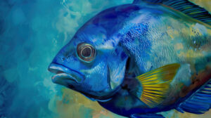 Capture the elegance of a beautiful blue tang fish as it gracefully swims through clear waters its shimmering iridescent scales catching the sunlight