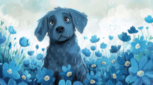 Capture the essence of a delightful scene featuring a blue dog with floppy ears and a wagging tail in a field of blooming blue flowers in Blue Dog Bliss.jpg