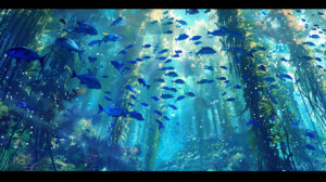 Capture the essence of calm and awe with this wallpaper featuring a dreamy seascape alive with blue fish towering kelp forests and drifting seaweed