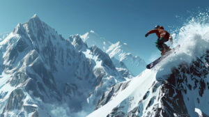 Capture the excitement of a snowboarder soaring through the air off a jump against a backdrop of snow capped mountains and a clear blue sky in Snowboarder Air Jump Wallpaper