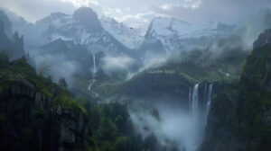 Capture the tranquil essence of misty mountains and cascading waterfalls evoking the untamed beauty of the Norse wilderness in this wallpaper titled Serenity in the Wild