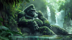 Capturing King Kong at peace in his native environment encircled by verdant greenery and cascading waterfalls the wallpaper exudes a serene beauty
