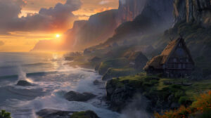 Capturing a breathtaking Nordic scene at dusk showcasing traditional thatched roof houses amid rugged cliffs and tumultuous ocean waves