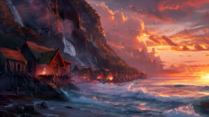 Capturing a breathtaking scene of a vibrant sunset illuminating a traditional Norse village nestled amidst rugged cliffs and crashing waves