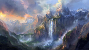 Capturing a dream like setting of majestic mountains and flowing waterfalls reminiscent of the mythical world of Atlas the wallpaper is named Surreal Atlas Realm