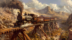 Capturing a nostalgic moment this wallpaper features a Western train chugging through rugged terrain with smoke rising from its stack while crossing a wooden trestle bridge