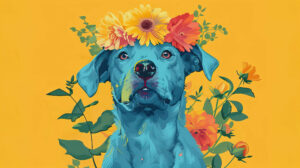 Capturing a playful yet regal scene a blue dog adorned with a crown of flowers graces the wallpaper with whimsical charm