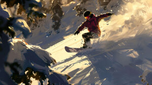 Capturing a snowboarder performing an impressive trick in a snow laden terrain park under the long shadows of the sun snowboarder in action snowpark sun shadows.jpg