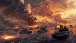 Capturing a striking wallpaper featuring tanks maneuvering through a war torn terrain amidst explosions and battling soldiers for control