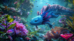 Capturing a stunning underwater panorama the wallpaper showcases a serene blue axolotl moving gracefully through vibrant coral reefs and aquatic foliage