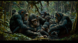 Capturing a tranquil forest setting where a cluster of chimpanzees engage in grooming deepening their social connections with every tender gesture