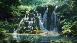 Capturing the majestic beauty of a jungle waterfall flowing over mossy rocks into a clear pool surrounded by lush greenery this picture is named Jungle Waterfall Oasis