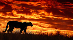 Capturing the striking outline of a cougar set against a blazing sunset sky highlighted by hues of orange and gold