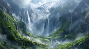 Capturing the tranquil essence of misty mountains and cascading waterfalls this wallpaper resonates with the untamed allure of the Norse wilderness