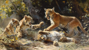 Capturing vividly young cougar cubs frolicking and playfully wrestling in a sun dappled clearing radiating boundless energy a delightful spectacle