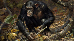 Chimpanzee resourcefully using a stick to forage for termites showcasing its intelligence and creativity wallpaper.jpg