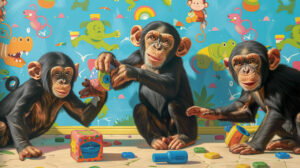 Chimpanzees engage with toys and stimulating activities on a lively wallpaper meant to amuse and challenge them mentally