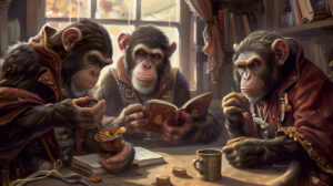 Chimpanzees in human attire whimsically depicted cooking reading and playing music as a playful wallpaper