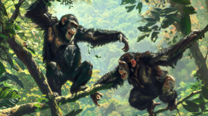 Chimpanzees swing playfully in the jungle canopy their laughter echoing through the trees captured in this lively wallpaper