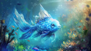 Colorful blue fish with whimsical exaggerated features swim playfully in a vibrant underwater kingdom setting in the wallpaper titled Whimsical Fish in a Magical Underwater World