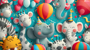 Colorful party hats and balloons adorn cartoon elephants giraffes and zebras in this playful wallpaper