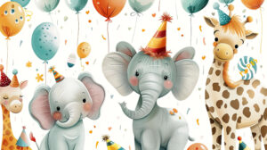 Colorful party hats and balloons adorn cartoon elephants giraffes and zebras on playful wallpaper