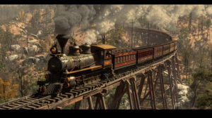 Convey the nostalgia of a western train moving through rugged terrains billowing smoke from its chimney crossing a wooden trestle bridge in a wallpaper titled Western Train Crossing Wooden Bridge