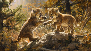 Cougar cubs playfully tumble and wrestle in a sunlit clearing their limitless energy a delightful sight to behold in the wallpaper