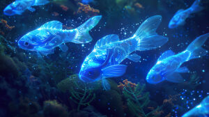 Discover a dreamlike underwater realm teeming with bioluminescent creatures such as luminous blue fish adorned with intricate glowing patterns and otherworldly beauty