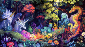 Discover a magical forest teeming with unicorns dragons and fairies that dwell among the enchanting trees and vibrant flora in this captivating wallpaper