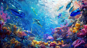 Discover a tranquil underwater setting showcasing a vibrant school of blue fish amidst colorful coral reefs and swaying sea plants. Download your serene wallpaper now