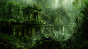 Discover an enigmatic wallpaper capturing ancient ruins nestled in the jungle showcasing moss covered stone temples emerging from beneath the canopy