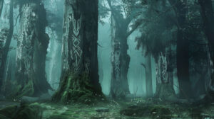 Enigmatic mist envelops a mystical forest where ancient symbols are etched onto the towering trees bark. Experience its magic in this norse wallpaper.