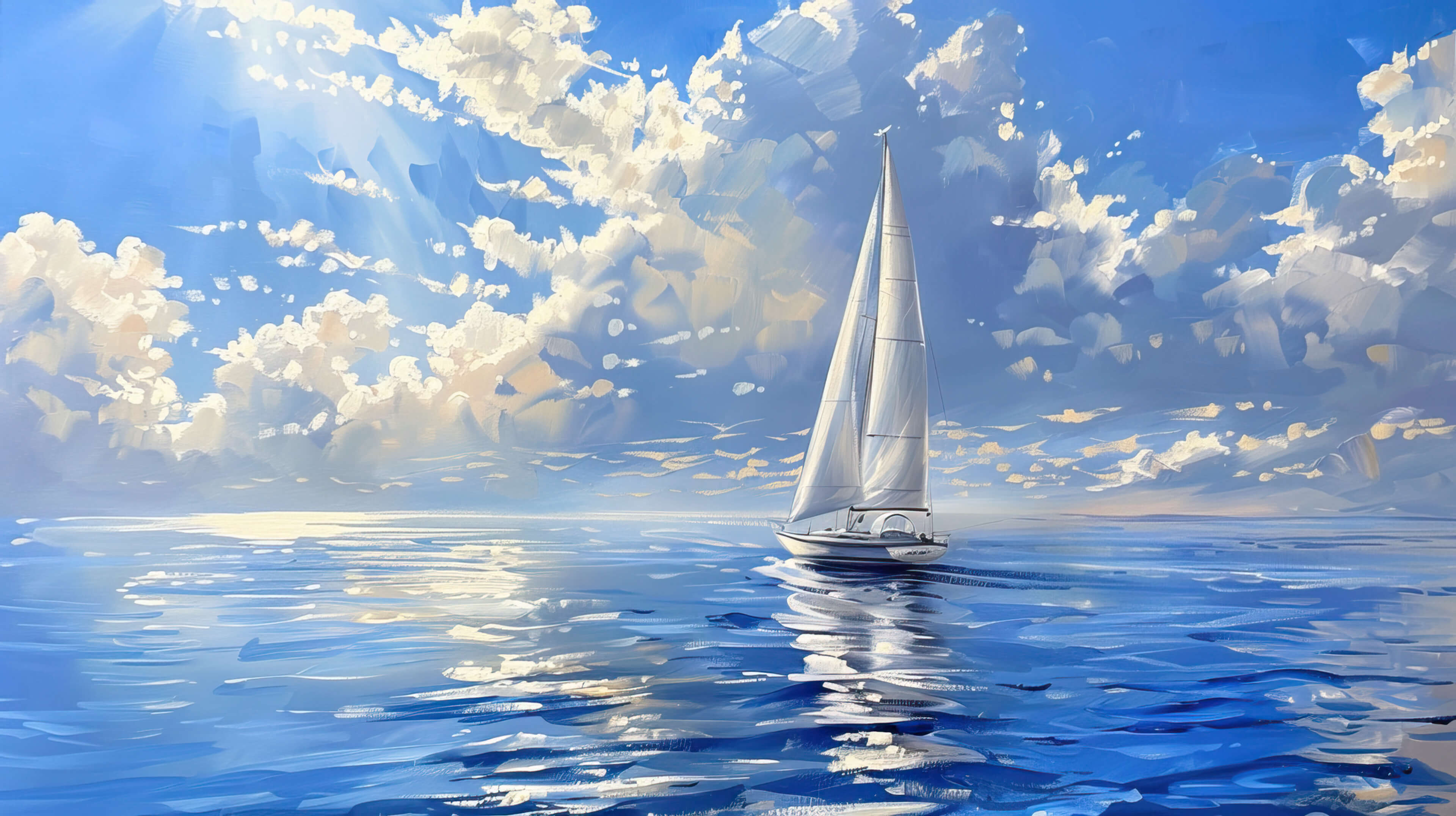 Enjoy a peaceful wallpaper featuring a sailboat smoothly gliding through serene waters with its white sails catching the gentle breeze under a clear blue sky adorned with fluffy clouds