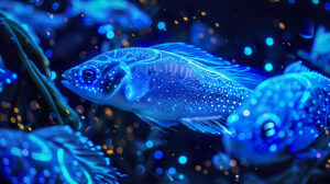 Enter a surreal underwater realm with bioluminescent creatures such as glowing blue fish adorned with ethereal patterns and beauty