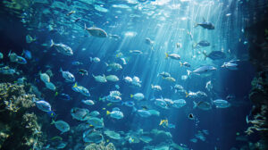 Explore a breathtaking underwater scene featuring a multitude of blue fish species ranging from elegant angelfish to swift barracudas highlighting the oceans vibrant biodiversity