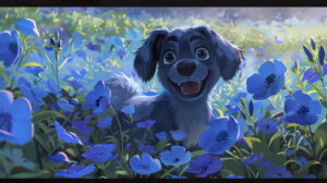 Find the wallpaper showcasing a delightful blue dog with floppy ears and a wagging tail set amidst a field of blooming blue flowers