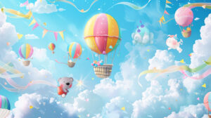 Imagine a playful wallpaper featuring cartoon animals in hot air balloons flying through the sky among fluffy clouds and colorful streamers